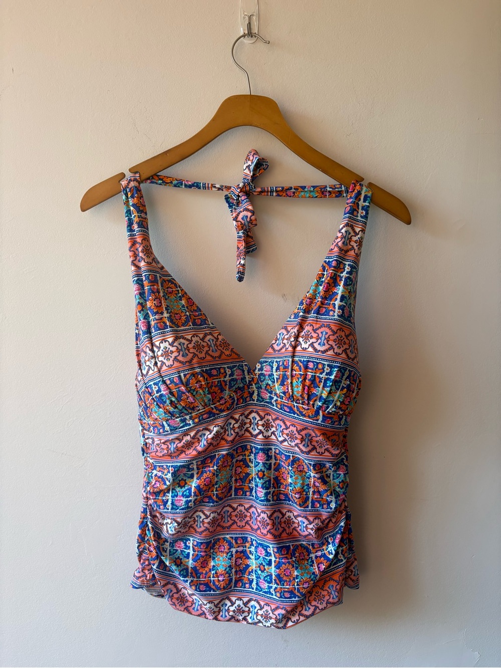 La Blanca Multicolor Moroccan Print Halter Tankini Swim Top Size 10